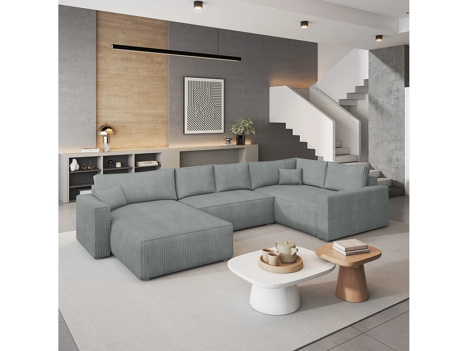 Hoekbank VELAMI van fluweel met slaapfunctie Hellgrau