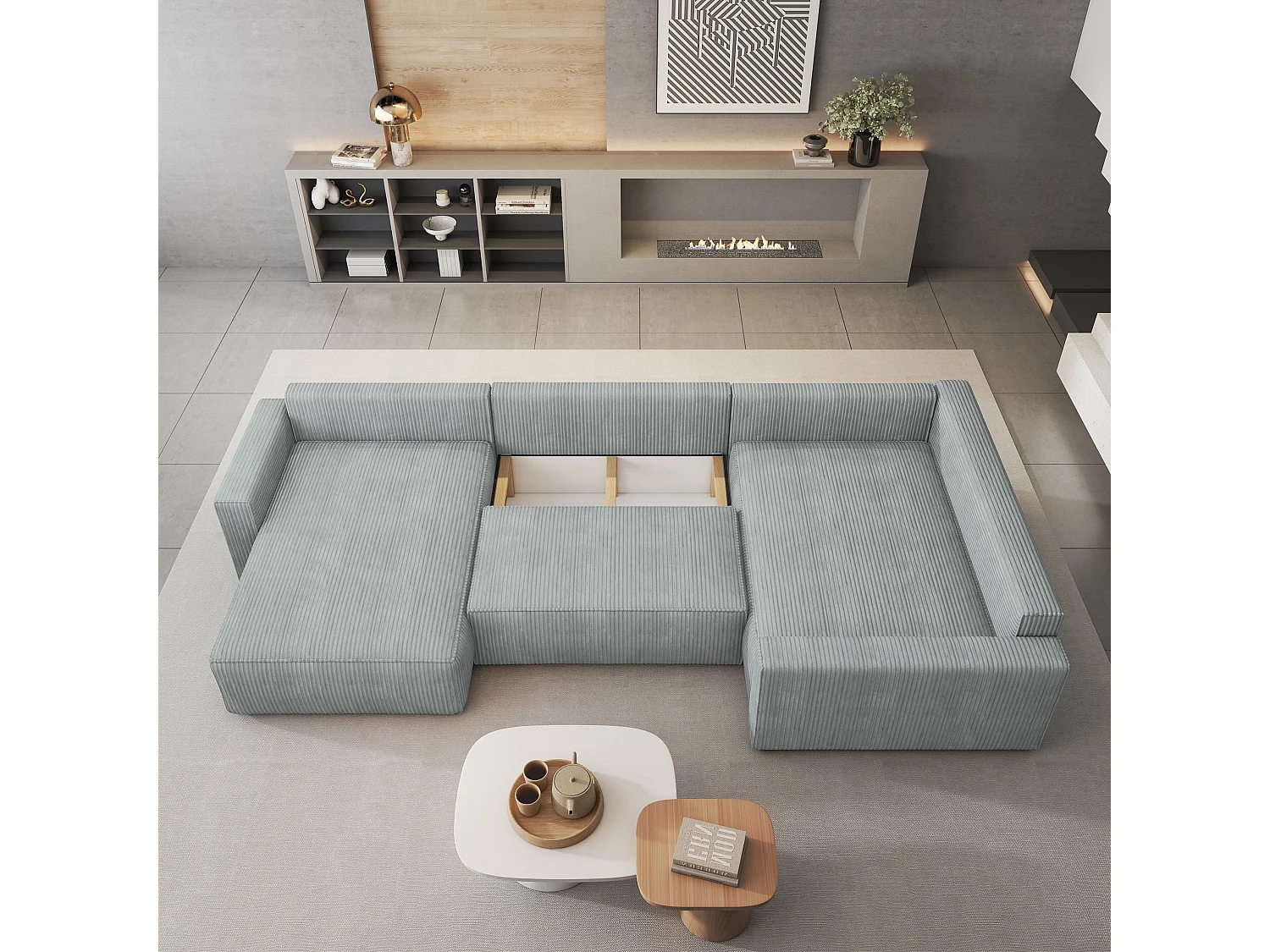 Hoekbank VELAMI van fluweel met slaapfunctie Hellgrau