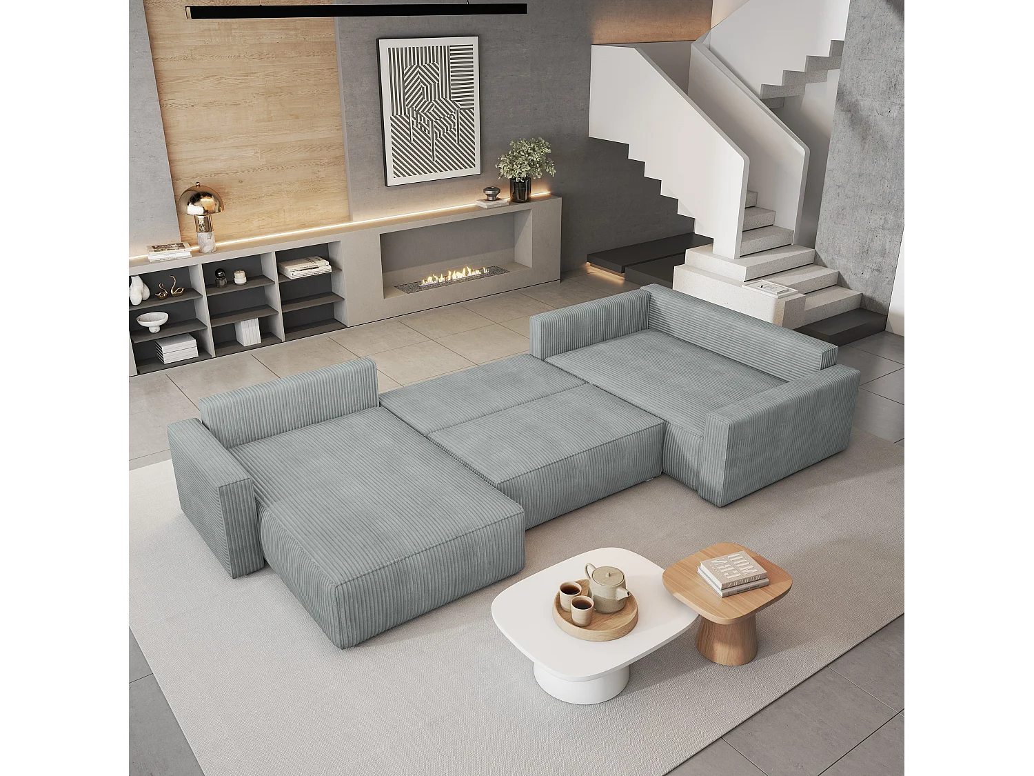 Hoekbank VELAMI van fluweel met slaapfunctie Hellgrau