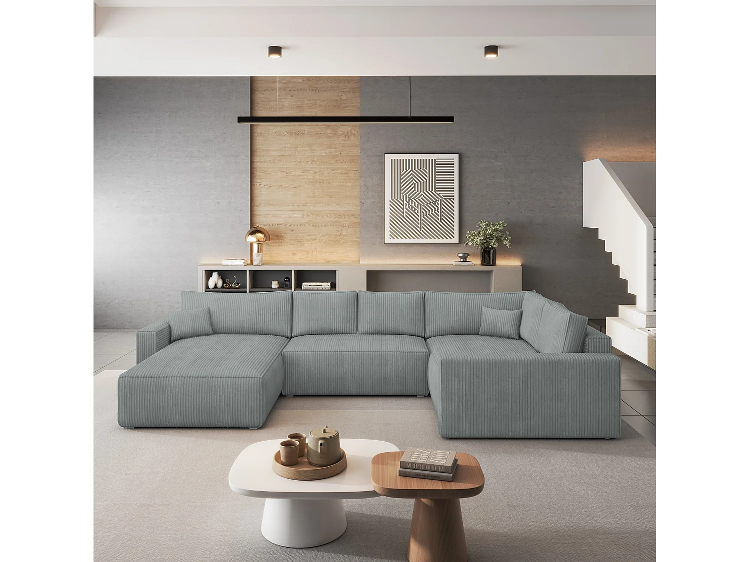 Hoekbank VELAMI van fluweel met slaapfunctie Hellgrau
