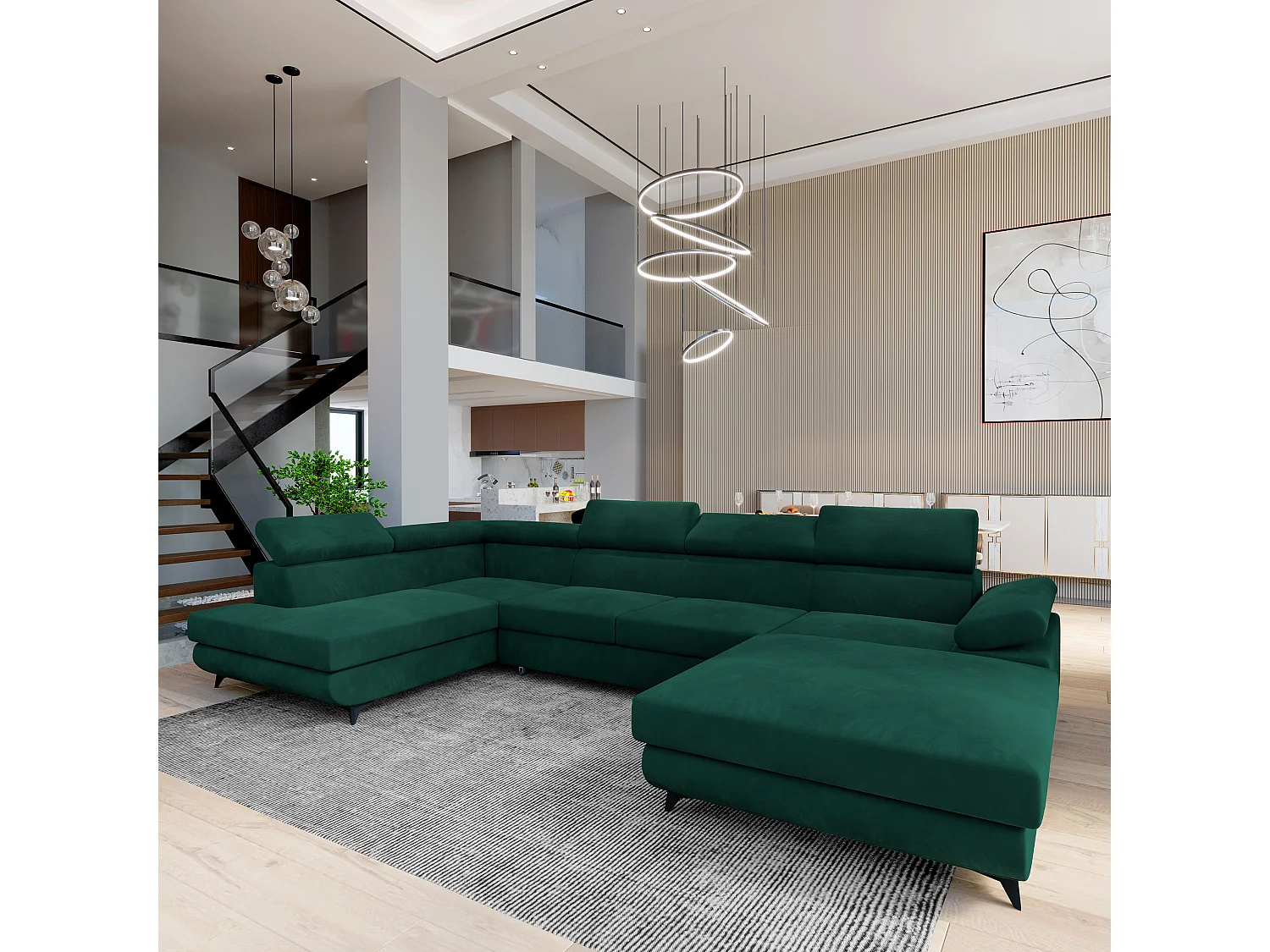 Hoekbank RUBANO van fluweel met slaapfunctie Grün
