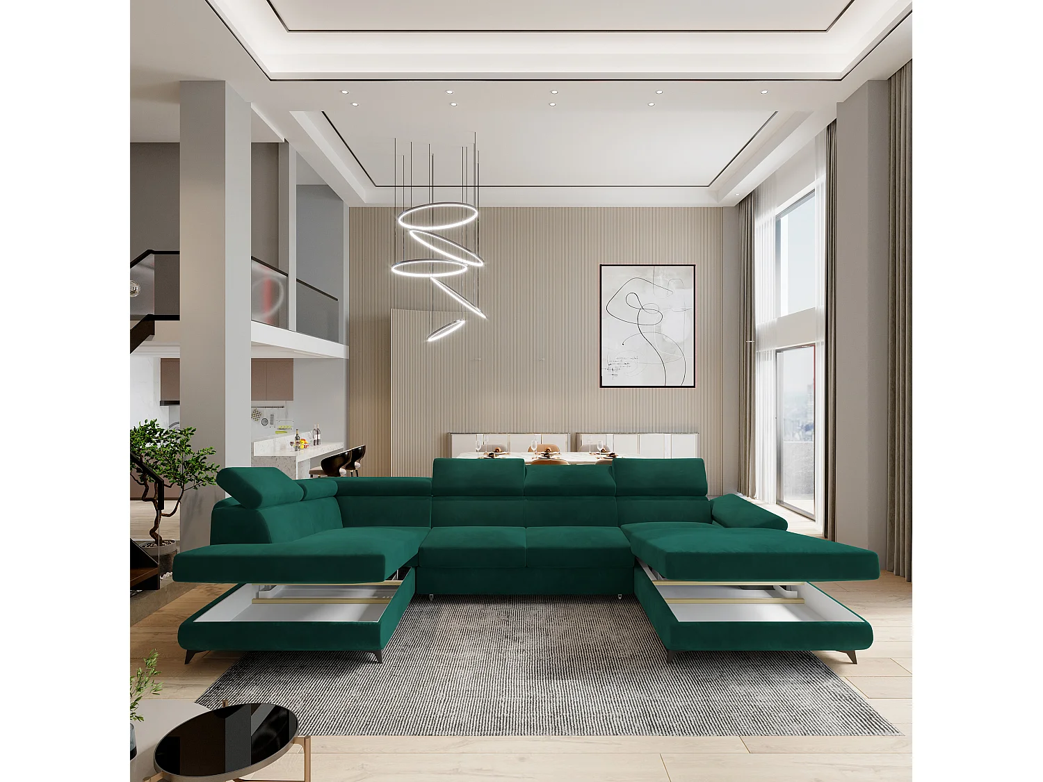 Hoekbank RUBANO van fluweel met slaapfunctie Grün