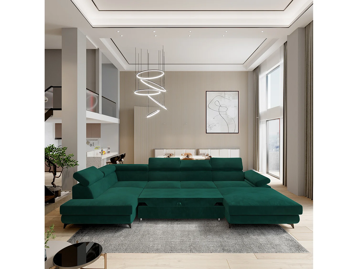 Hoekbank RUBANO van fluweel met slaapfunctie Grün