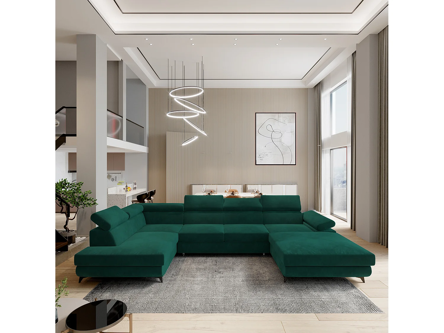 Hoekbank RUBANO van fluweel met slaapfunctie Grün