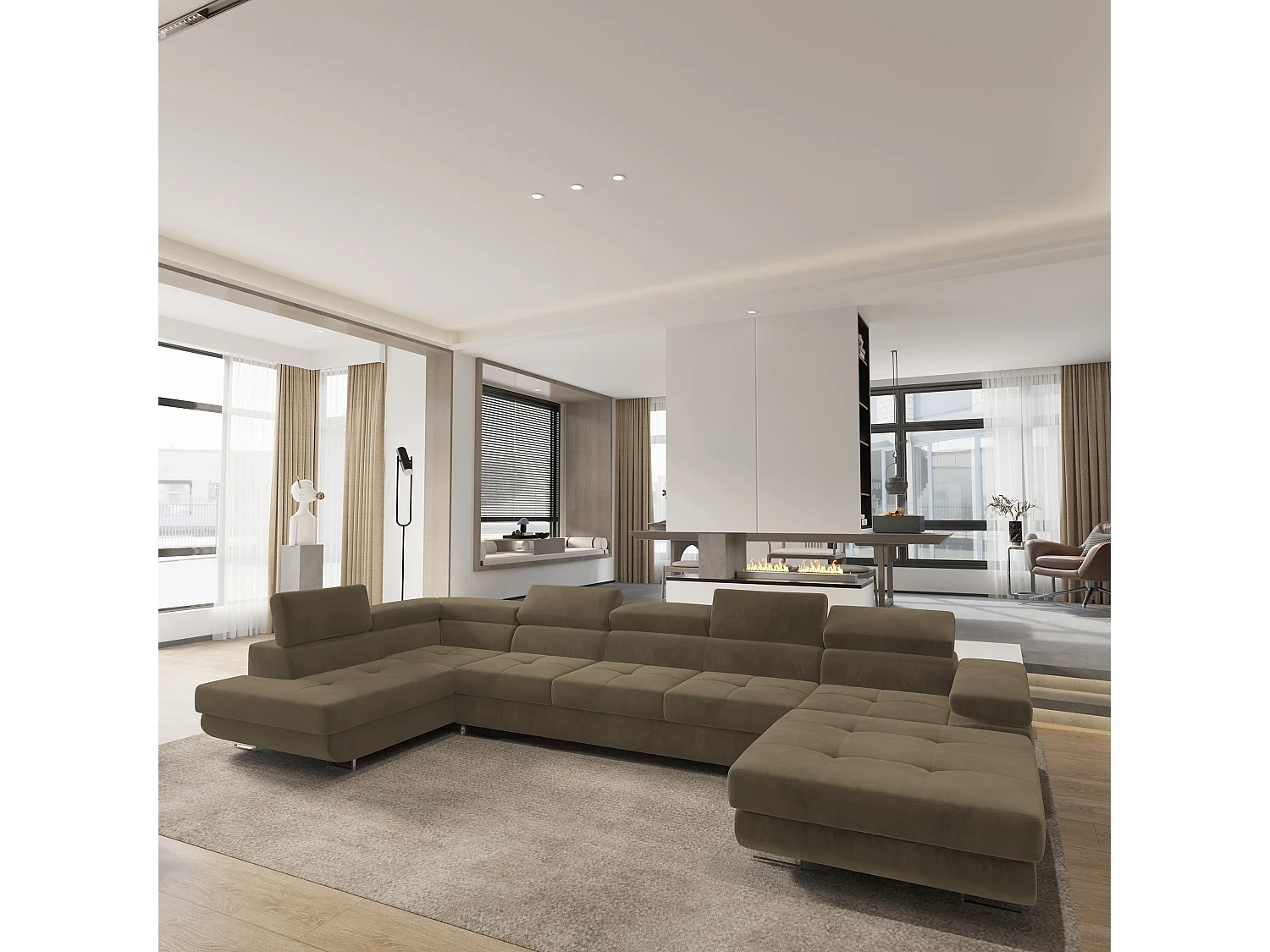 Hoekbank TORIVA van fluweel met slaapfunctie Beige