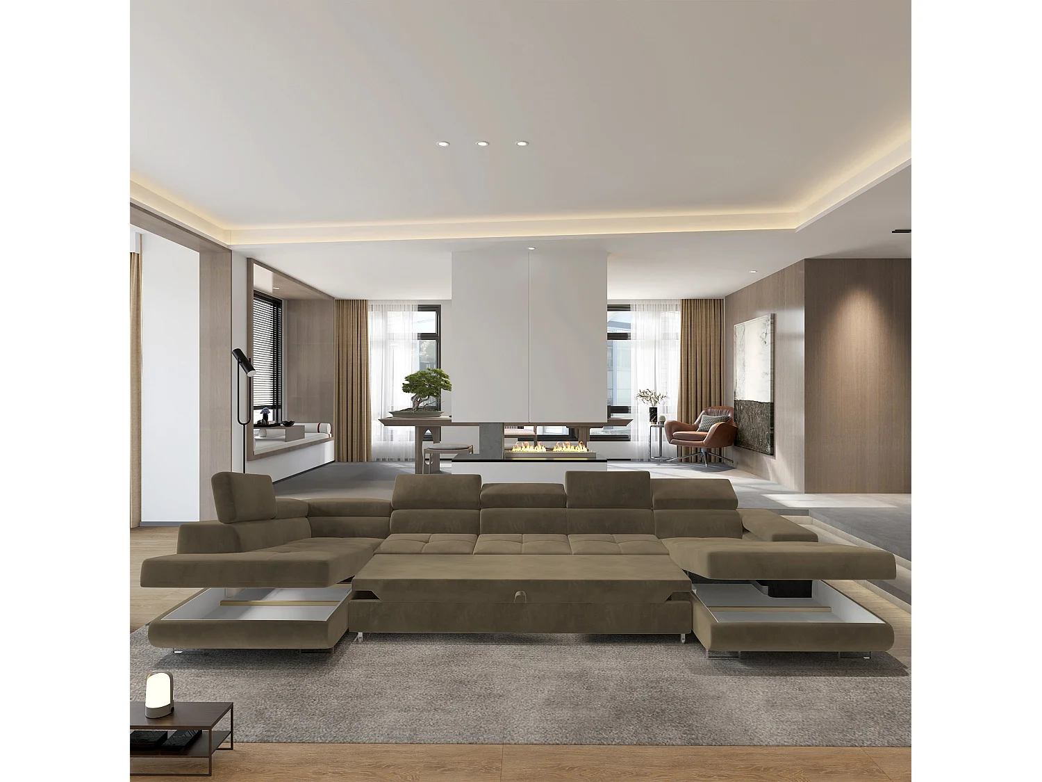 Hoekbank TORIVA van fluweel met slaapfunctie Beige