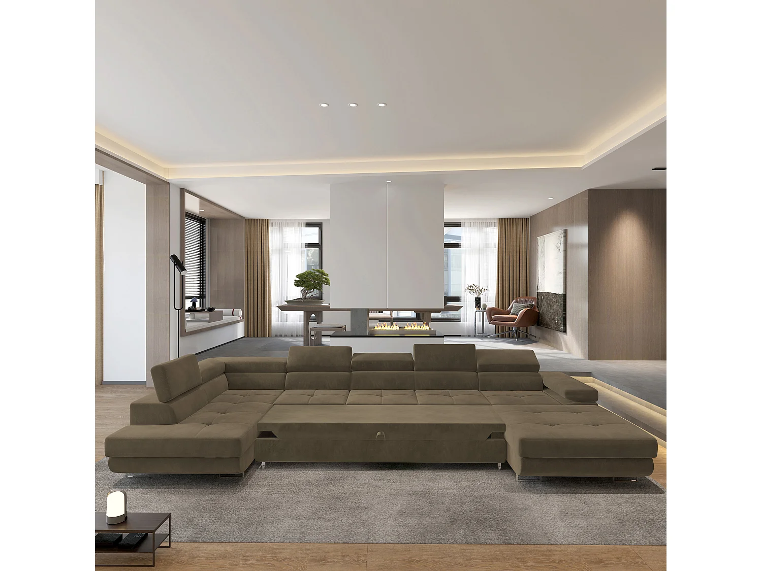 Hoekbank TORIVA van fluweel met slaapfunctie Beige