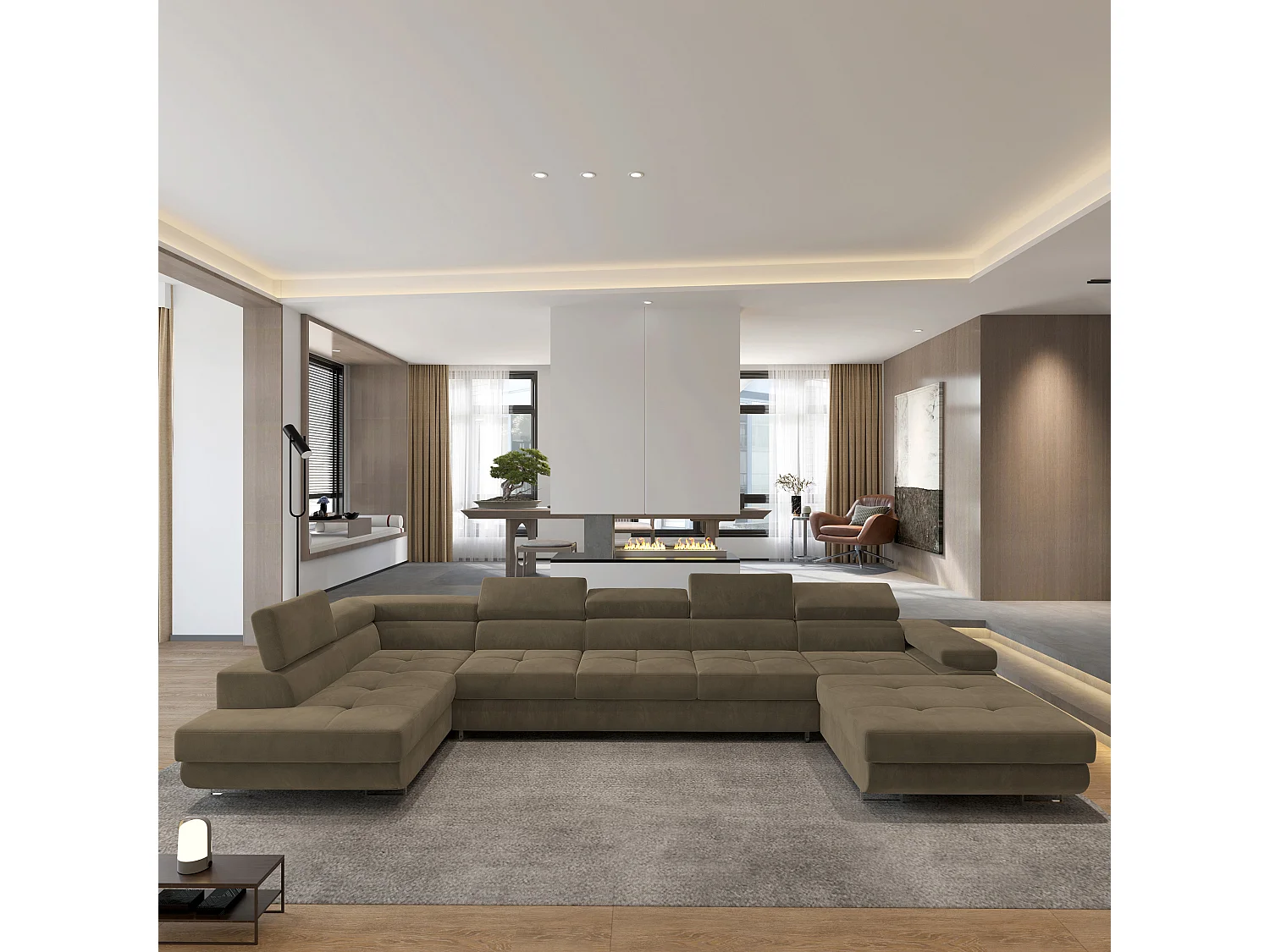 Hoekbank TORIVA van fluweel met slaapfunctie Beige