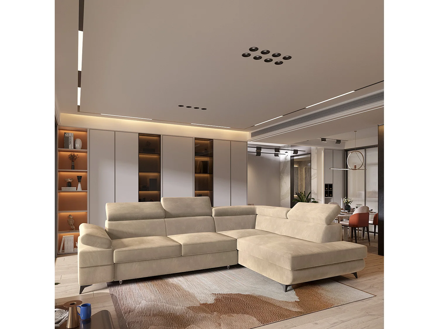 Hoekbank FAVIEN van fluweel met slaapfunctie Creme