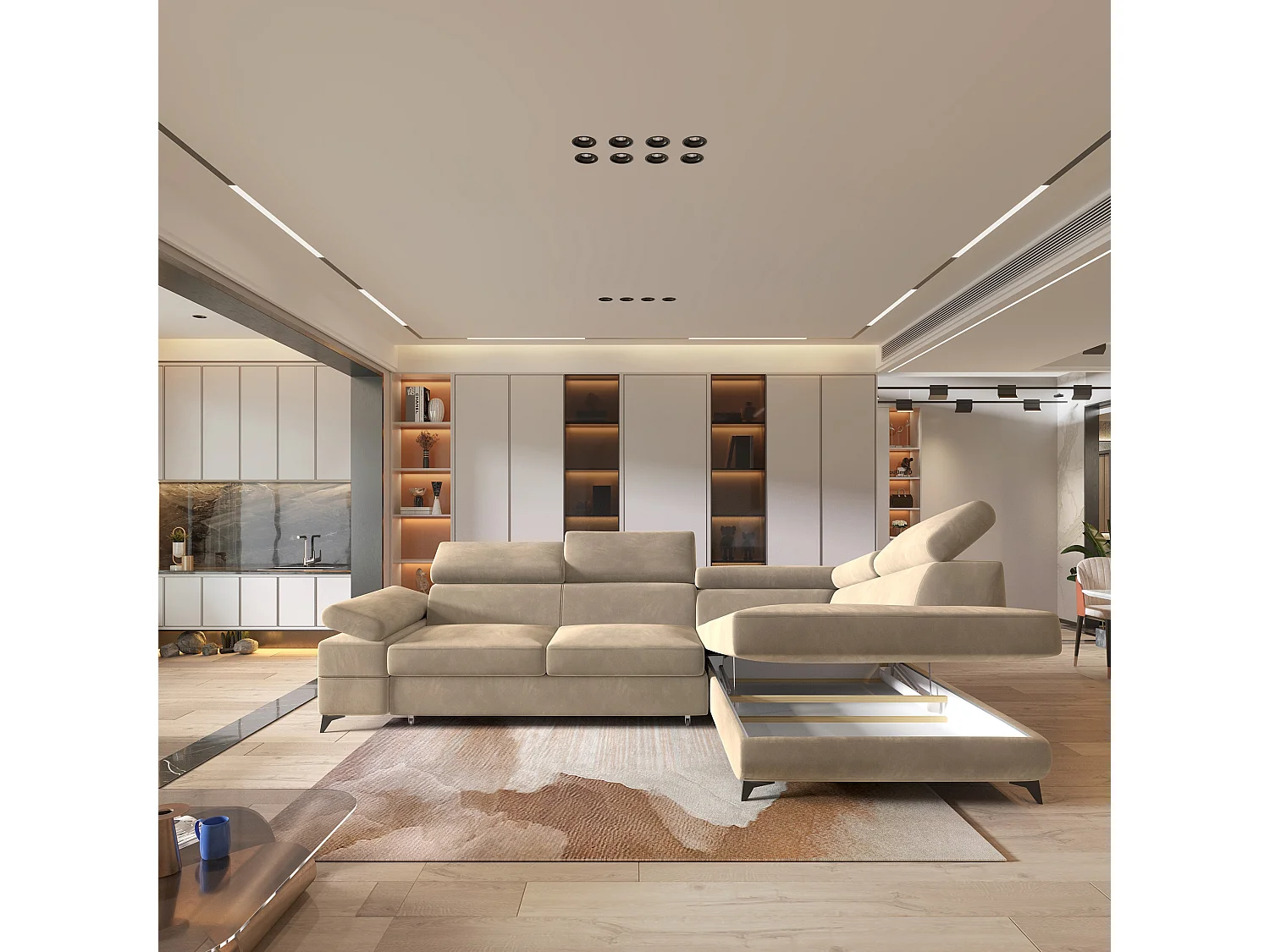 Hoekbank FAVIEN van fluweel met slaapfunctie Creme