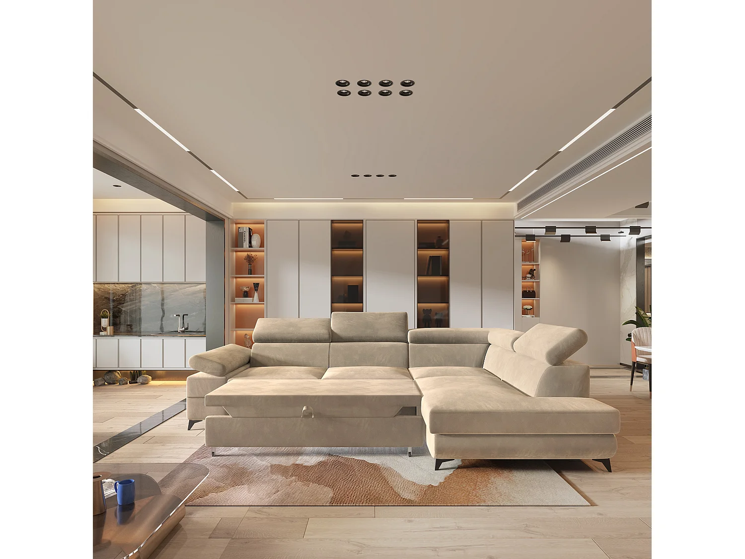 Hoekbank FAVIEN van fluweel met slaapfunctie Creme