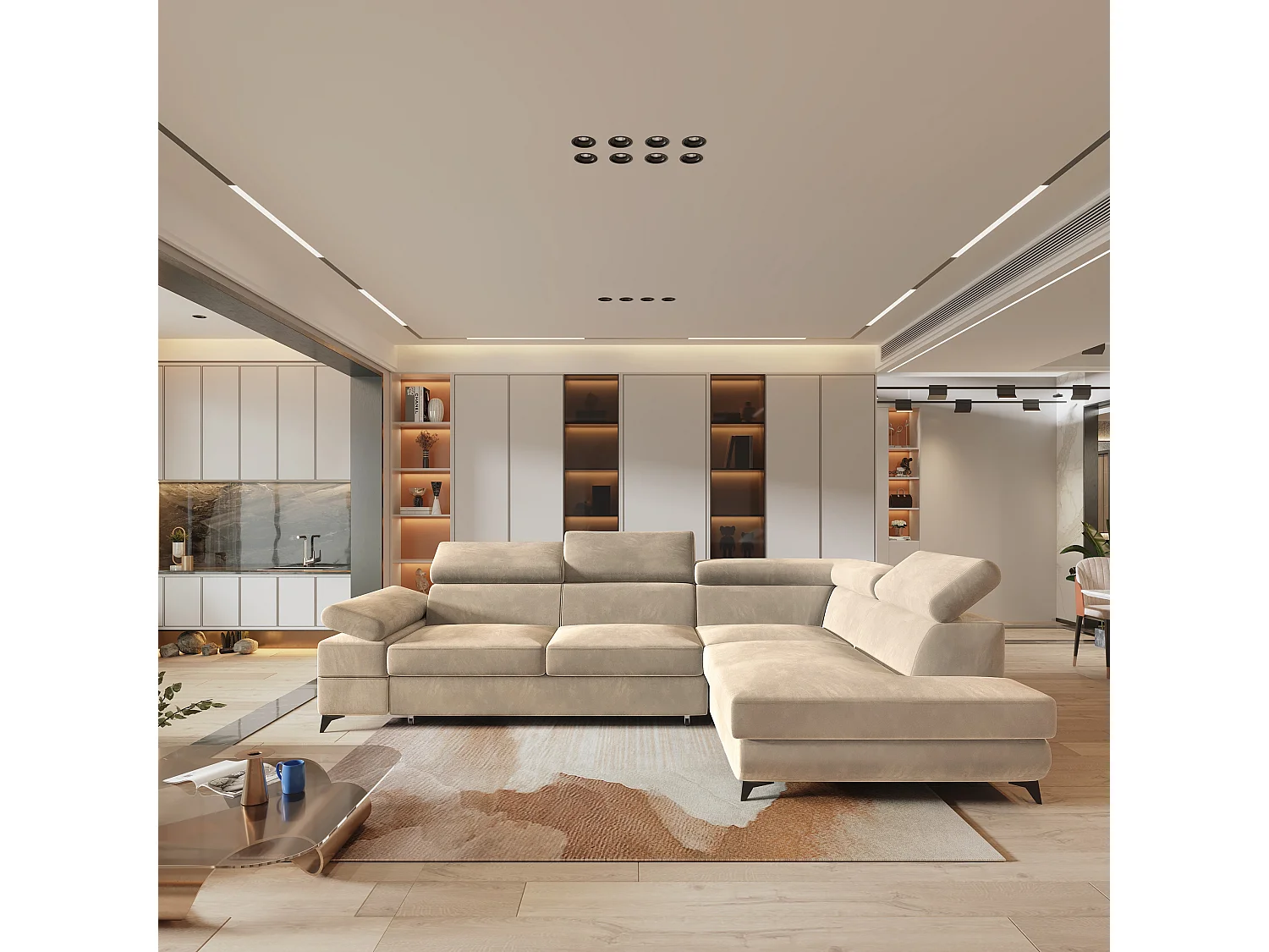 Hoekbank FAVIEN van fluweel met slaapfunctie Creme