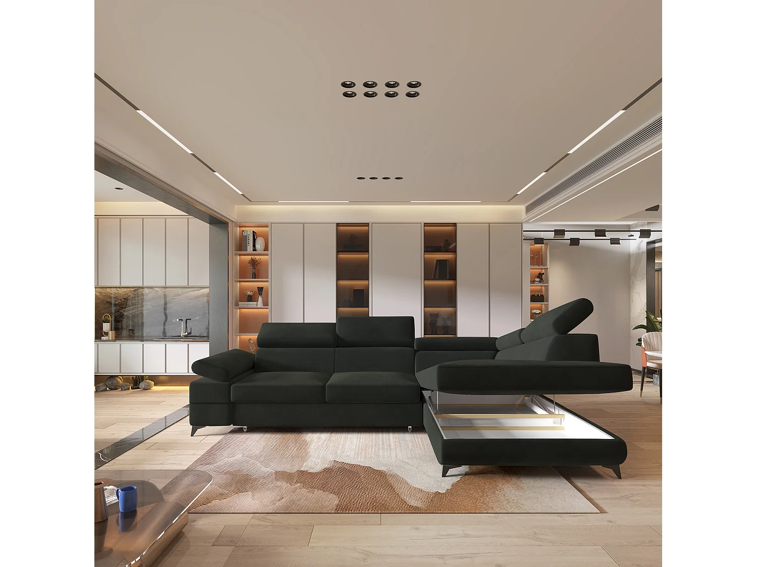 Hoekbank FAVIEN van fluweel met slaapfunctie Schwarz