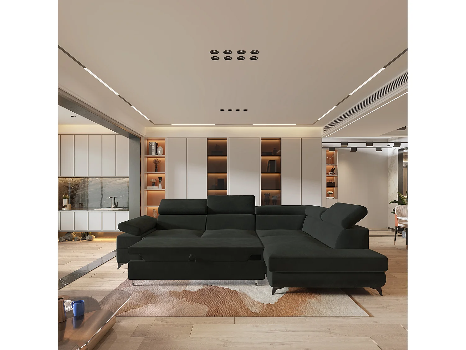 Hoekbank FAVIEN van fluweel met slaapfunctie Schwarz