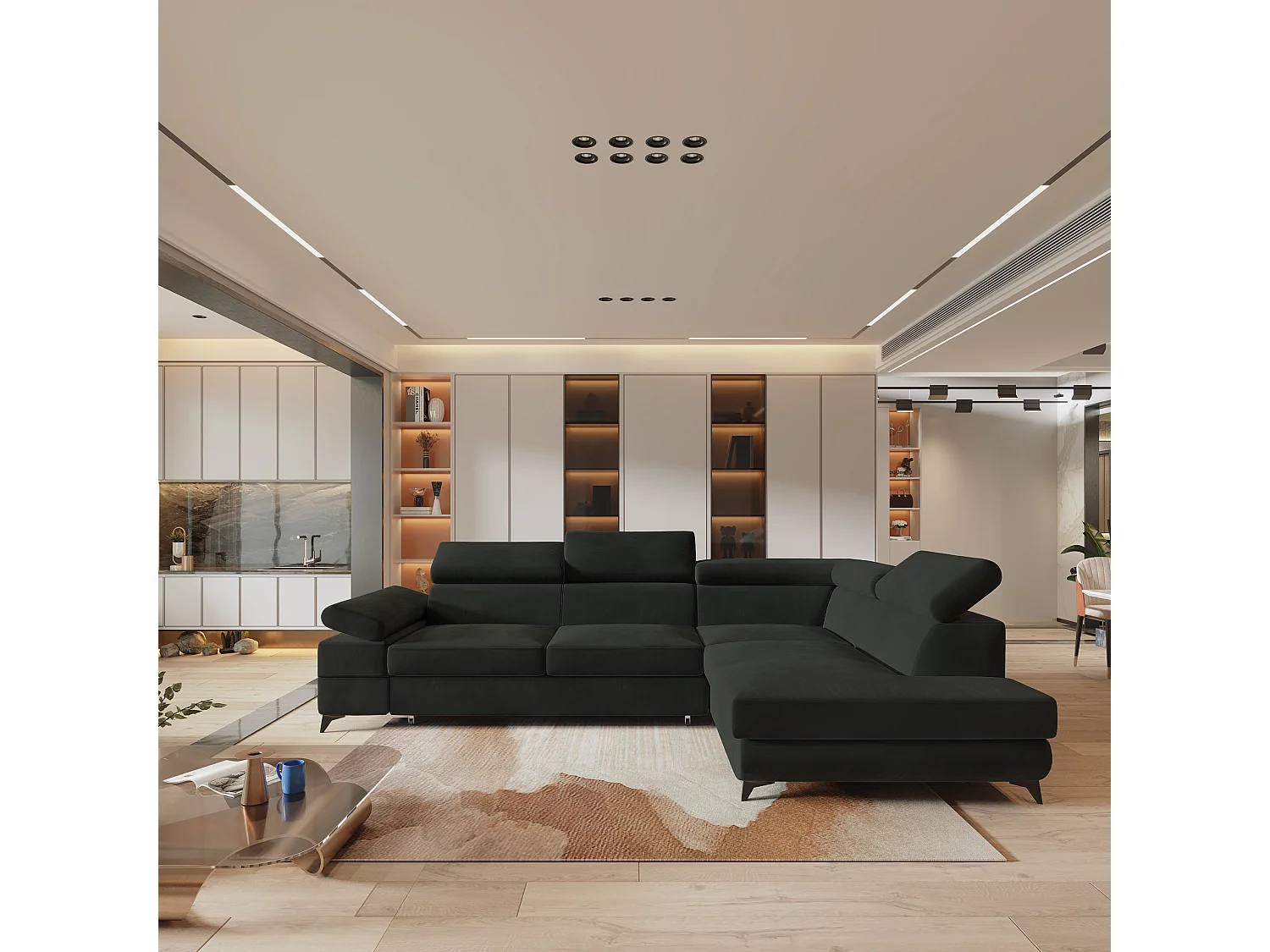 Hoekbank FAVIEN van fluweel met slaapfunctie Schwarz