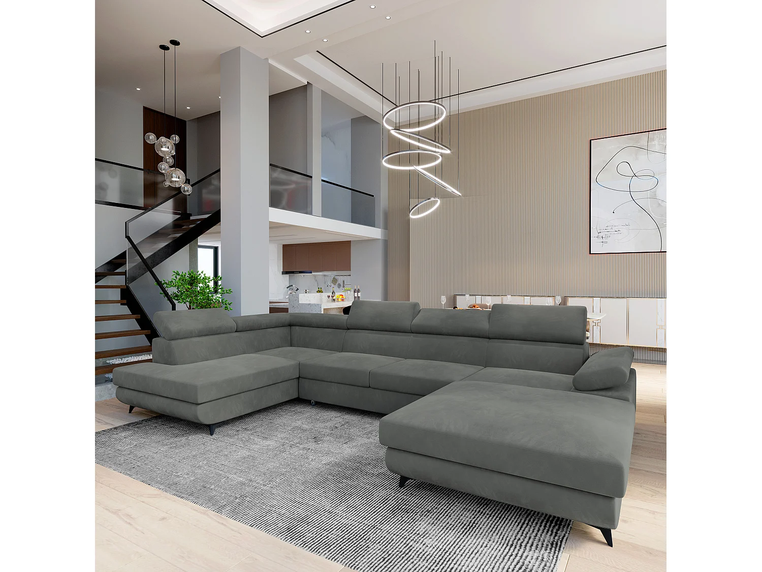 Hoekbank RUBANO van fluweel met slaapfunctie Grau