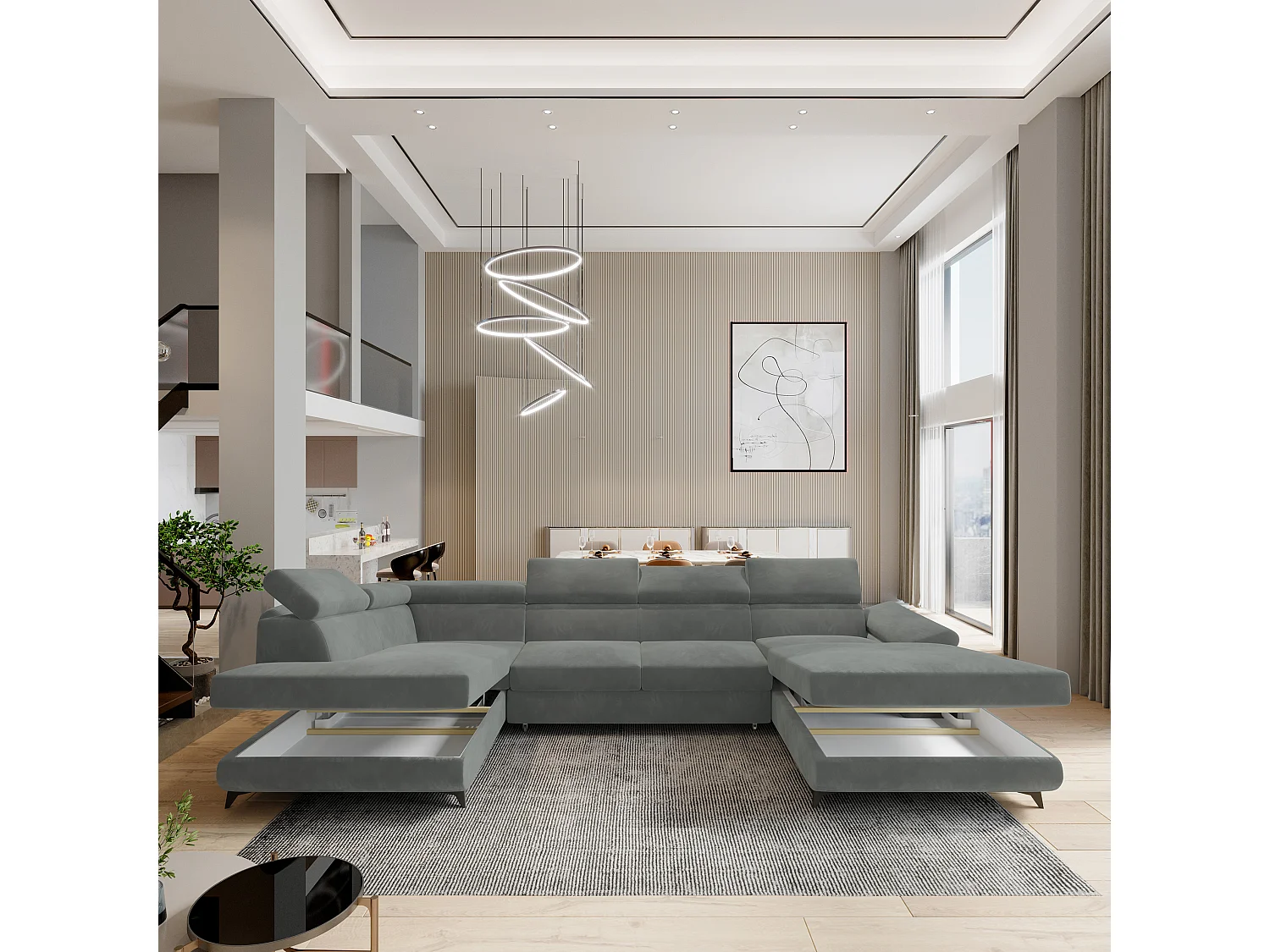 Hoekbank RUBANO van fluweel met slaapfunctie Grau