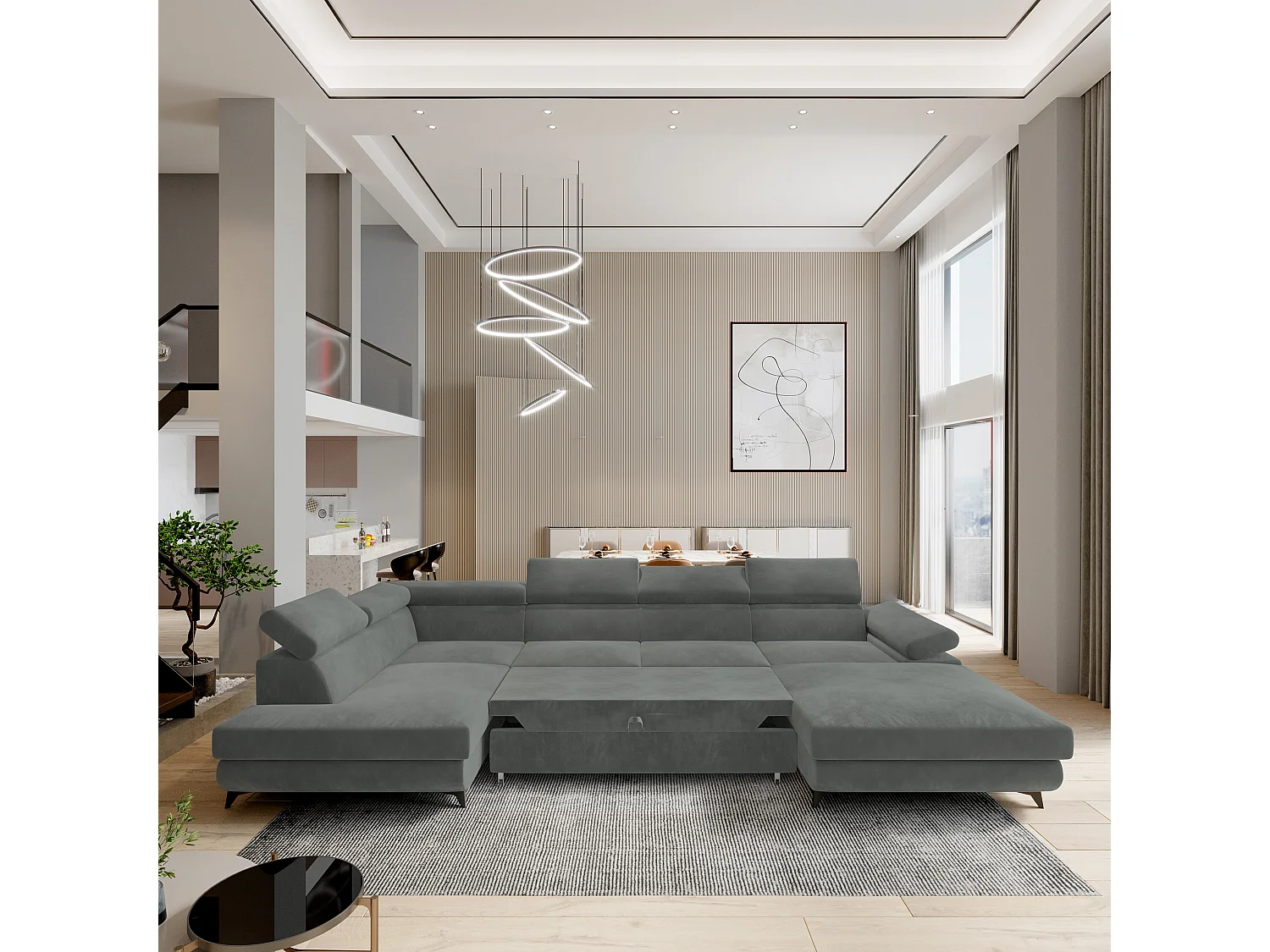 Hoekbank RUBANO van fluweel met slaapfunctie Grau