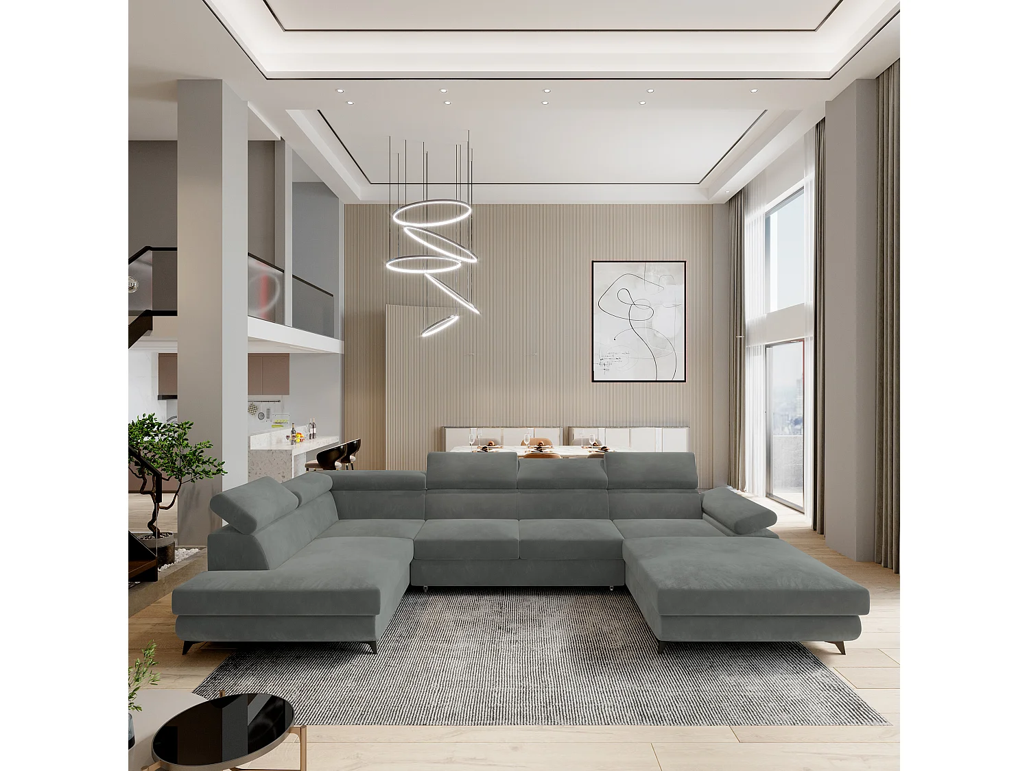 Hoekbank RUBANO van fluweel met slaapfunctie Grau