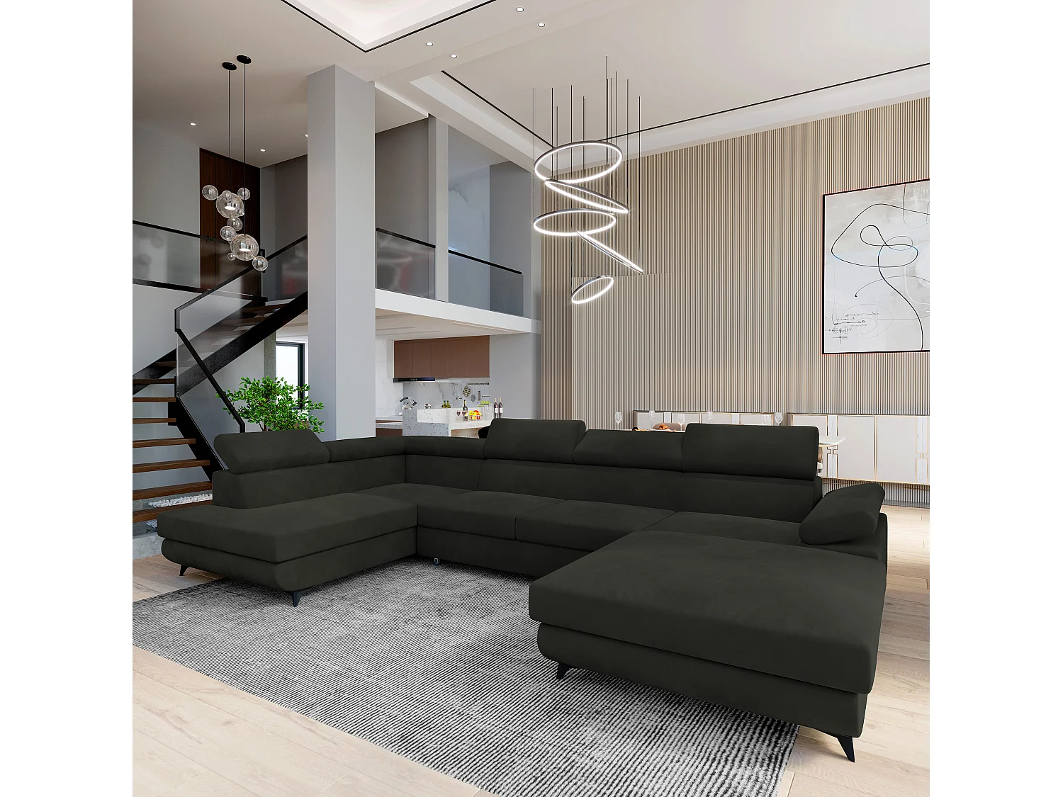 Hoekbank RUBANO van fluweel met slaapfunctie Schwarz