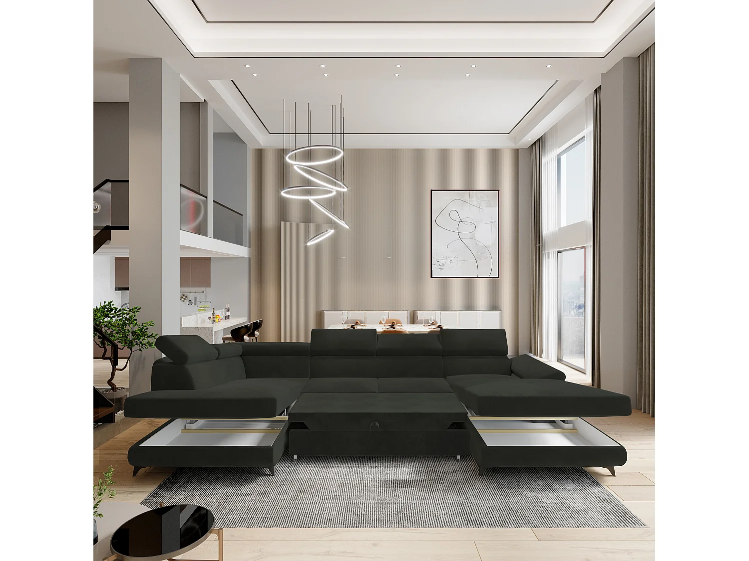 Hoekbank RUBANO van fluweel met slaapfunctie Schwarz