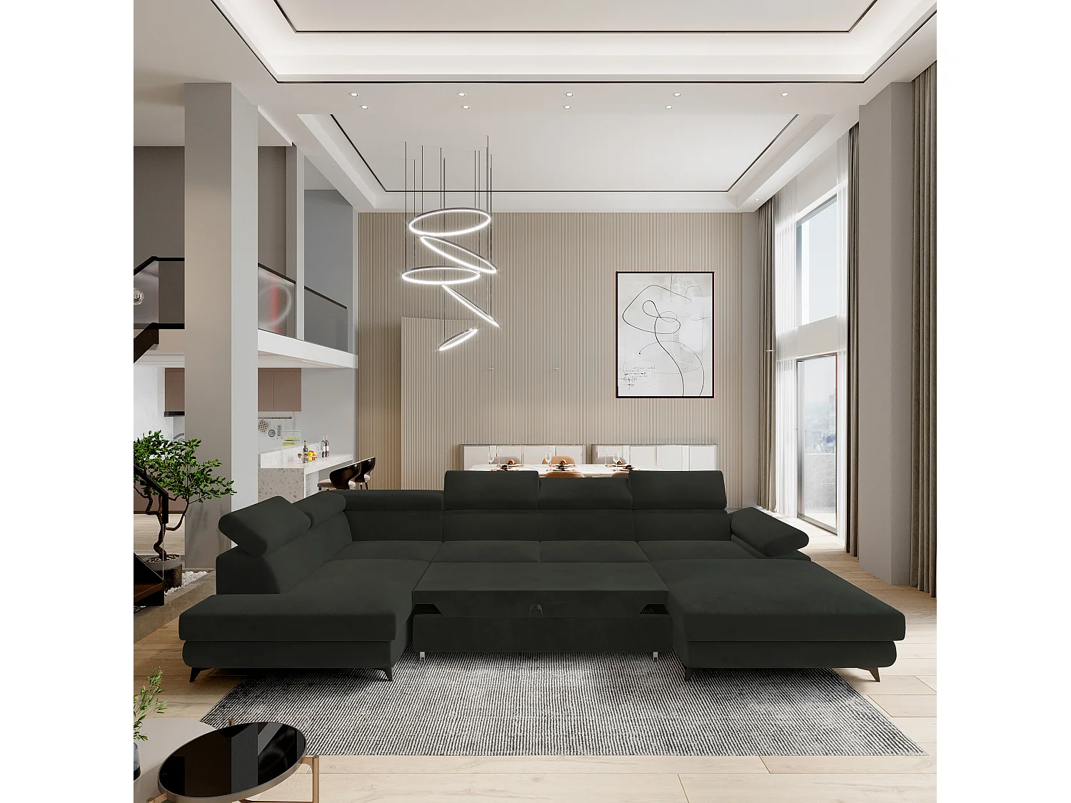 Hoekbank RUBANO van fluweel met slaapfunctie Schwarz