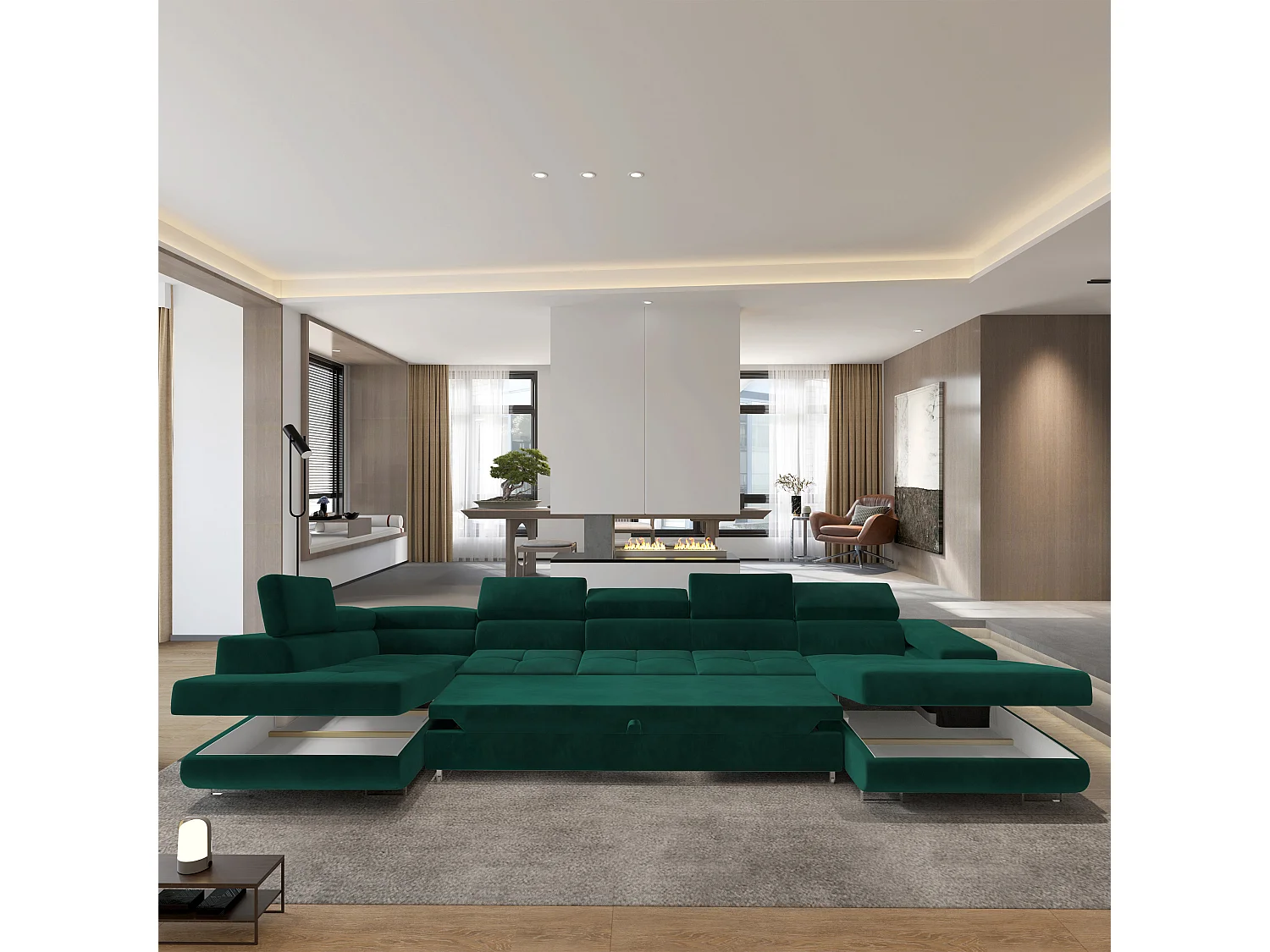 Hoekbank TORIVA van fluweel met slaapfunctie Grün