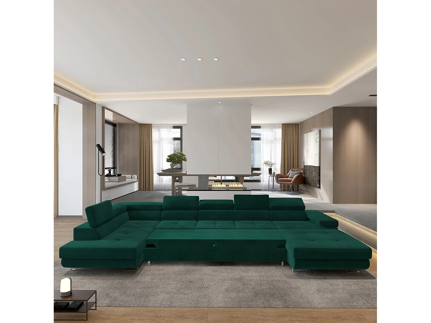 Hoekbank TORIVA van fluweel met slaapfunctie Grün