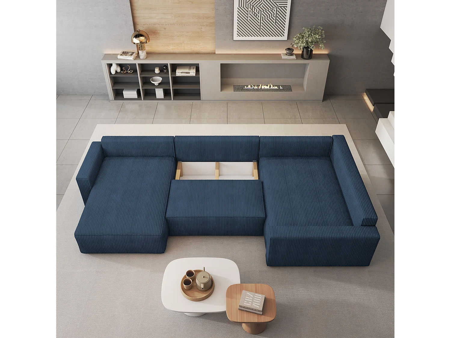 Hoekbank VELAMI van fluweel met slaapfunctie Blau