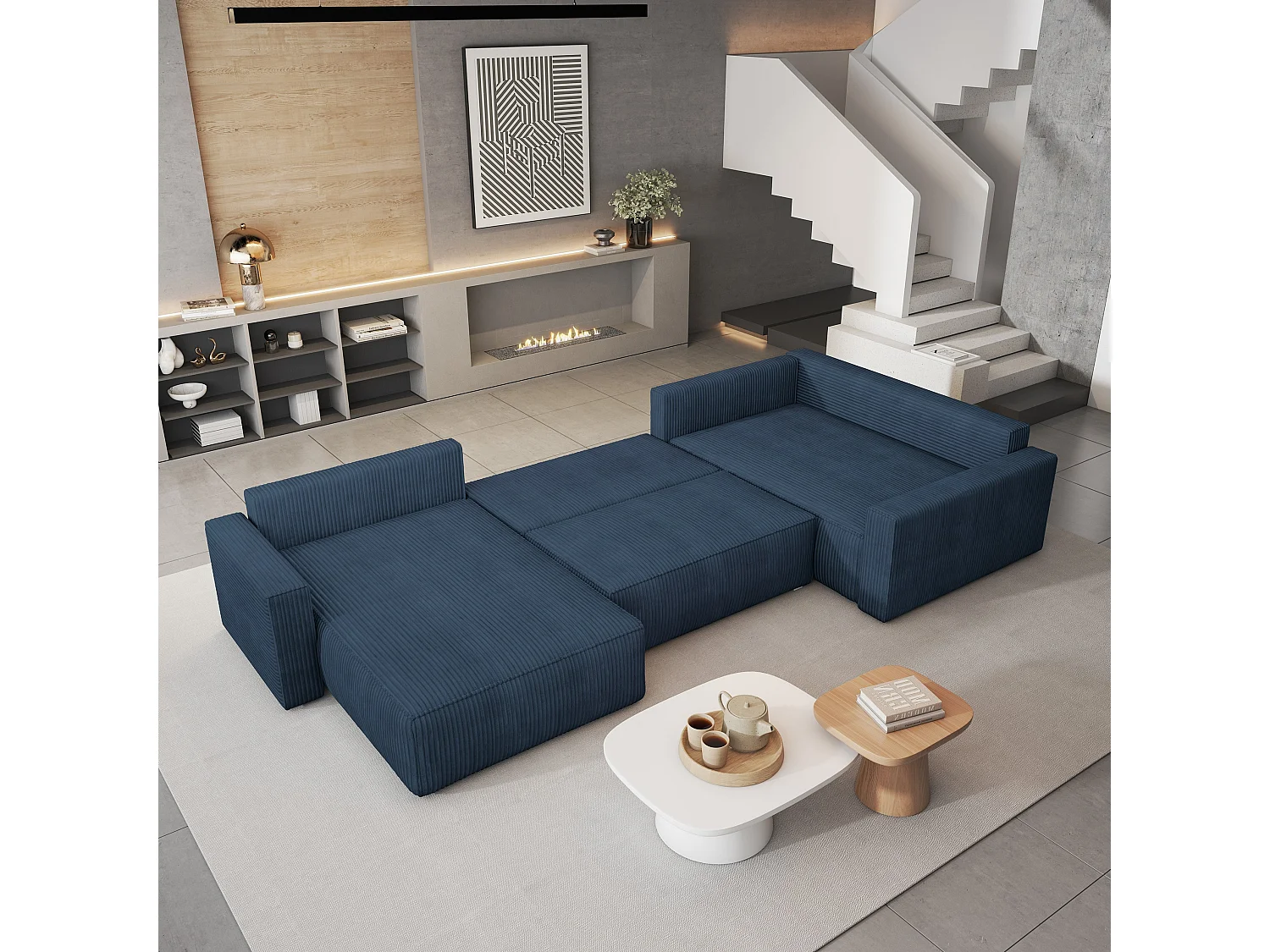 Hoekbank VELAMI van fluweel met slaapfunctie Blau