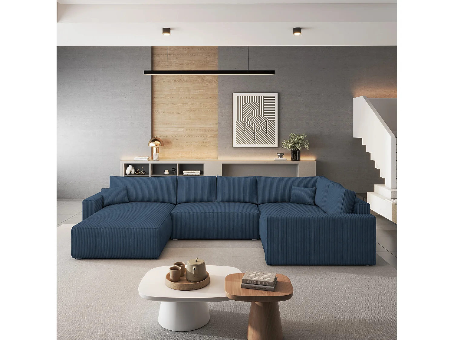 Hoekbank VELAMI van fluweel met slaapfunctie Blau