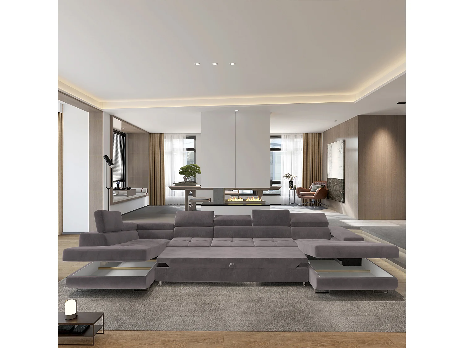 Hoekbank TORIVA van fluweel met slaapfunctie Lila