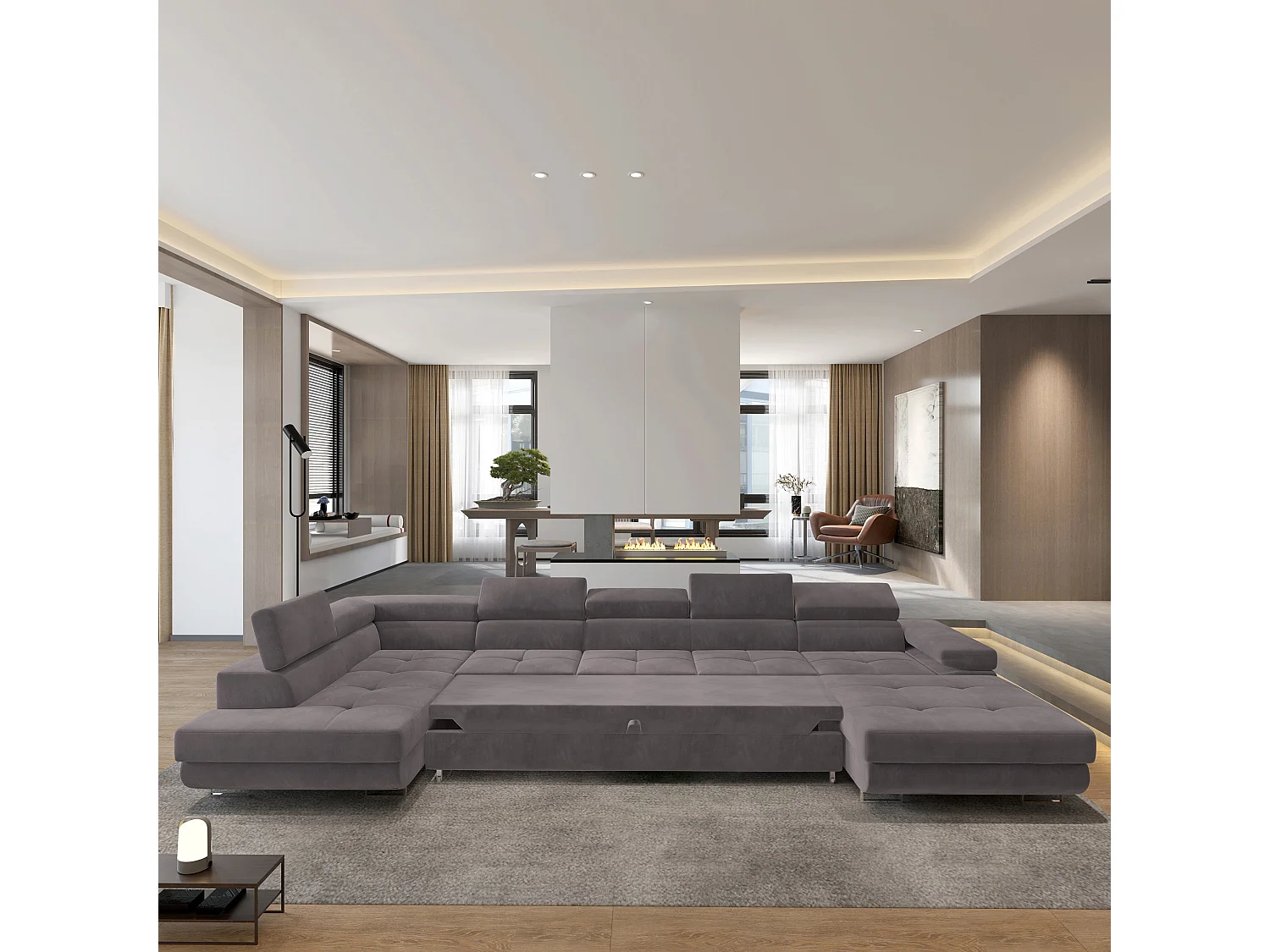 Hoekbank TORIVA van fluweel met slaapfunctie Lila