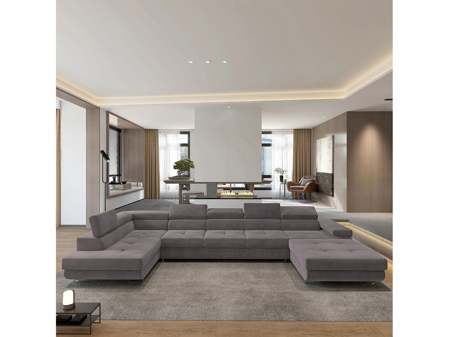 Hoekbank TORIVA van fluweel met slaapfunctie Lila