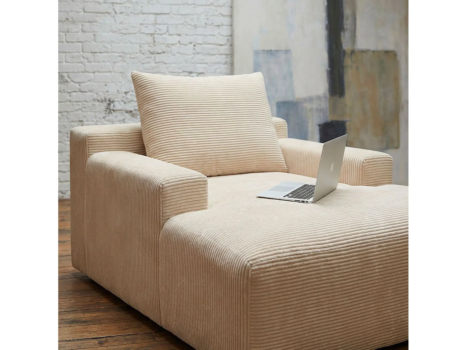 Fauteuil lounge style méridienne Rodin Velours côtelé Beige