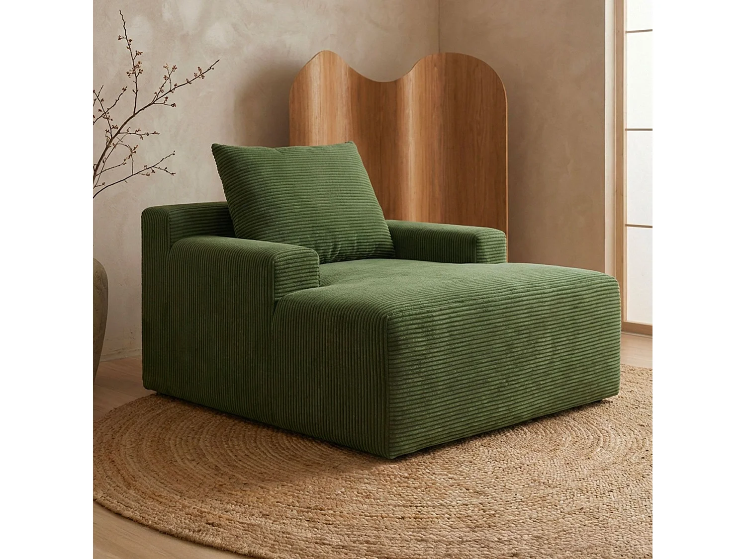 Fauteuil lounge style méridienne Rodin Velours côtelé Vert