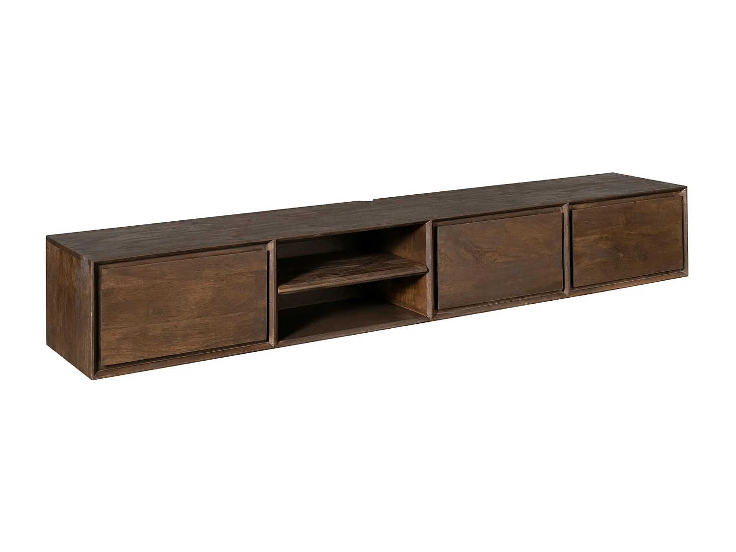Long meuble TV suspendu bois foncé 3 tiroirs 1 niche 240 cm AERA