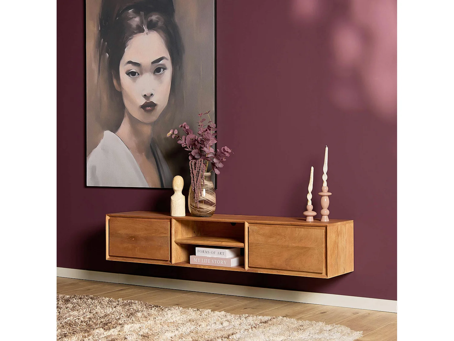 Meuble TV suspendu en bois 2 tiroirs 1 niche AERA