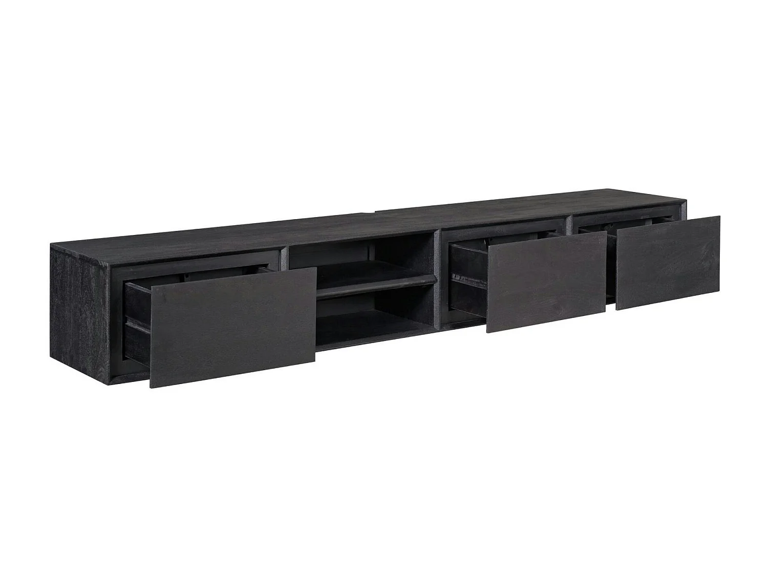 Long meuble TV suspendu bois noir 3 tiroirs 1 niche 240 cm AERA