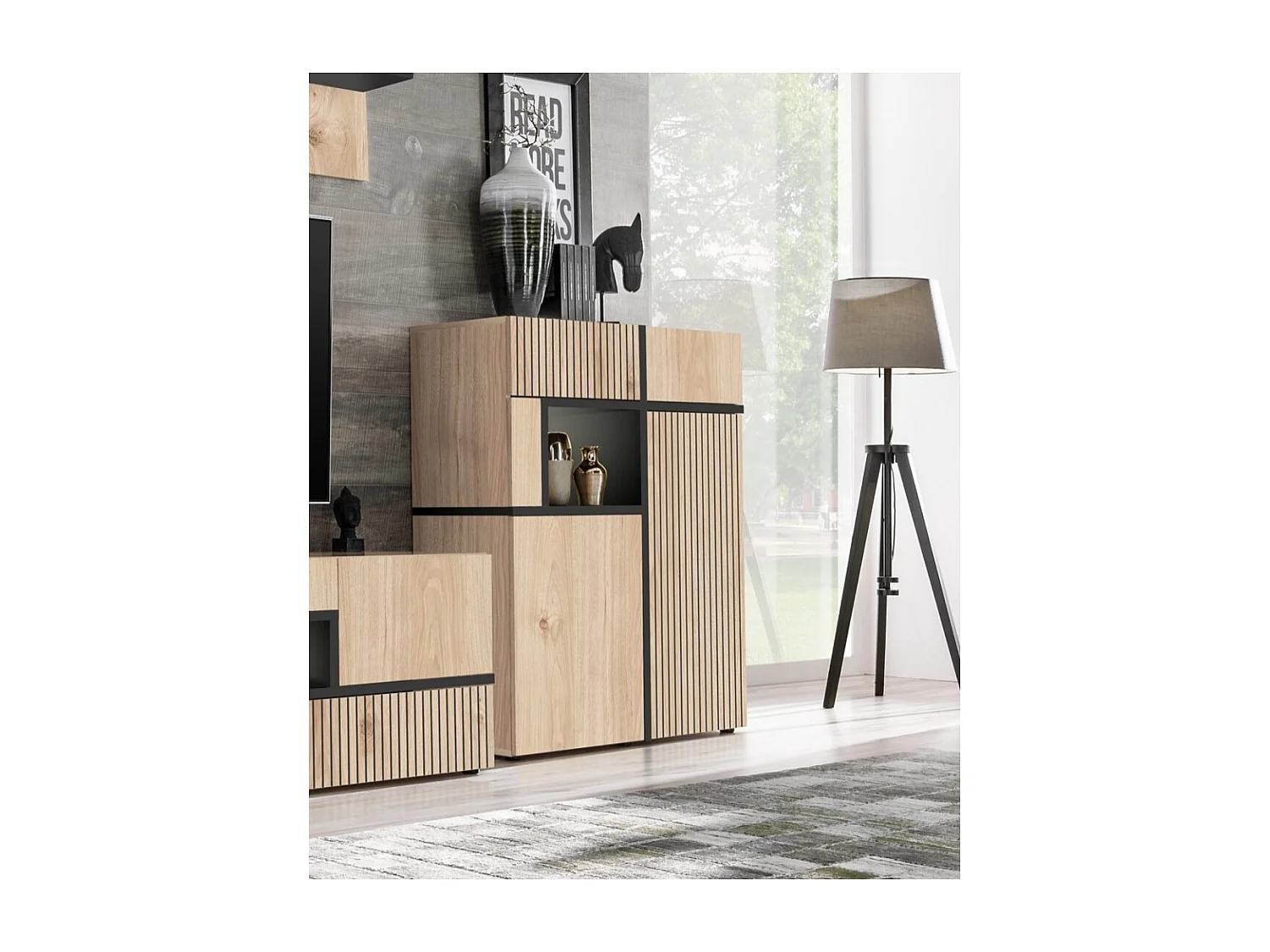 Buffet CRISS – 2 portes, 2 tiroirs, LED – Chêne clair et noir