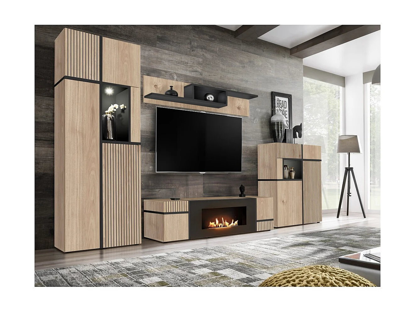 Buffet CRISS – 2 portes, 2 tiroirs, LED – Chêne clair et noir