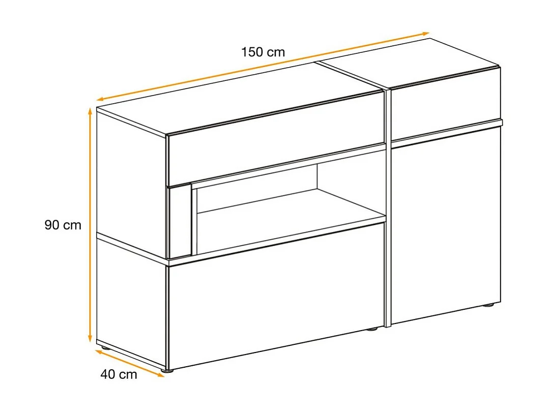 Buffet CRISS – 2 portes, 2 tiroirs, LED – Chêne clair et noir