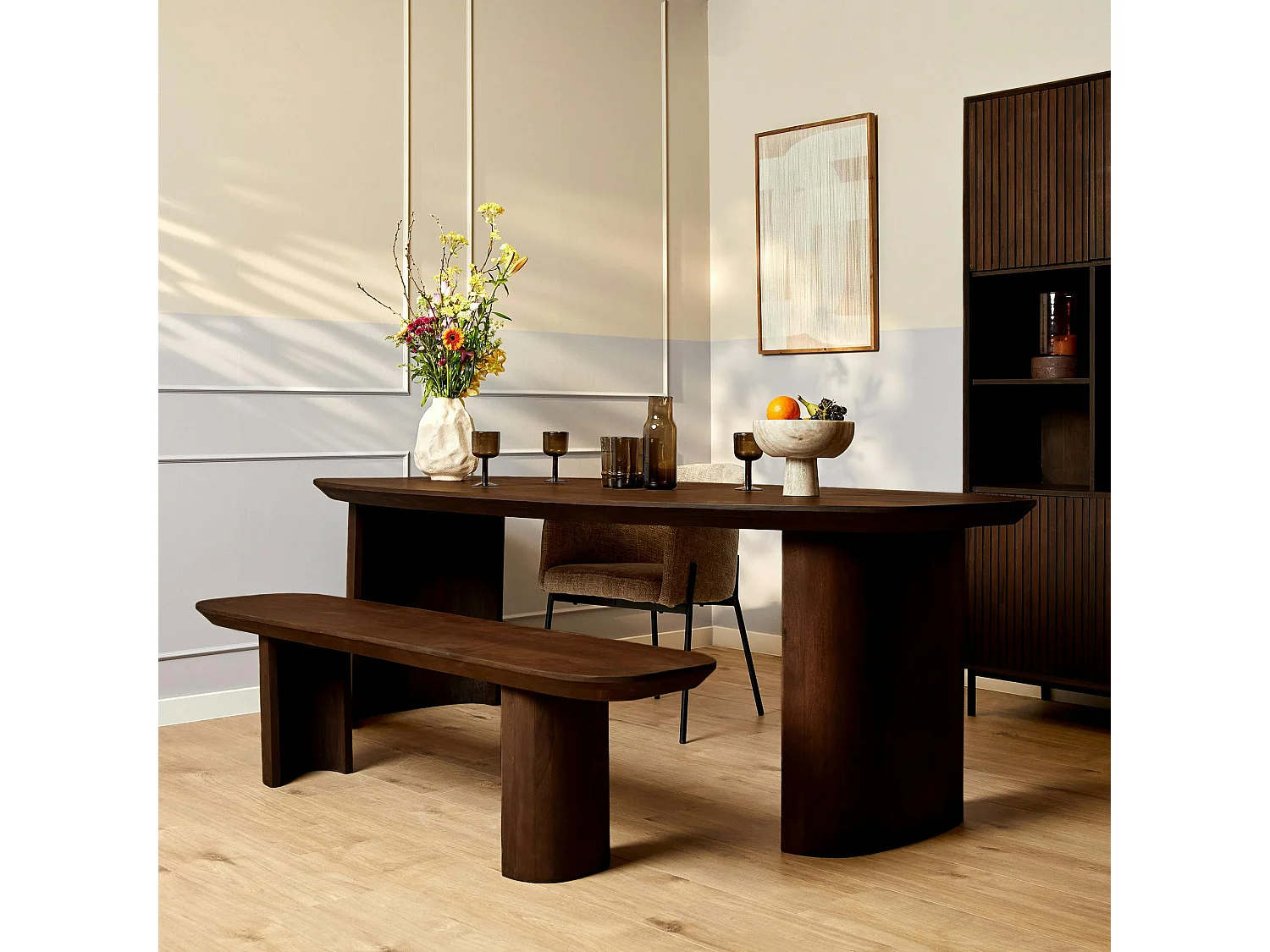 Banc de salle à manger bois foncé pieds courbes 180 cm ALMA