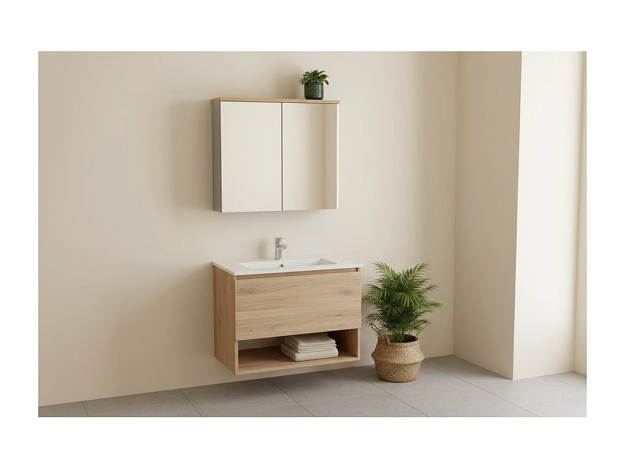 Meuble de rangement de salle de bain ERMANO – Finition bois et gris brillant, 80 cm