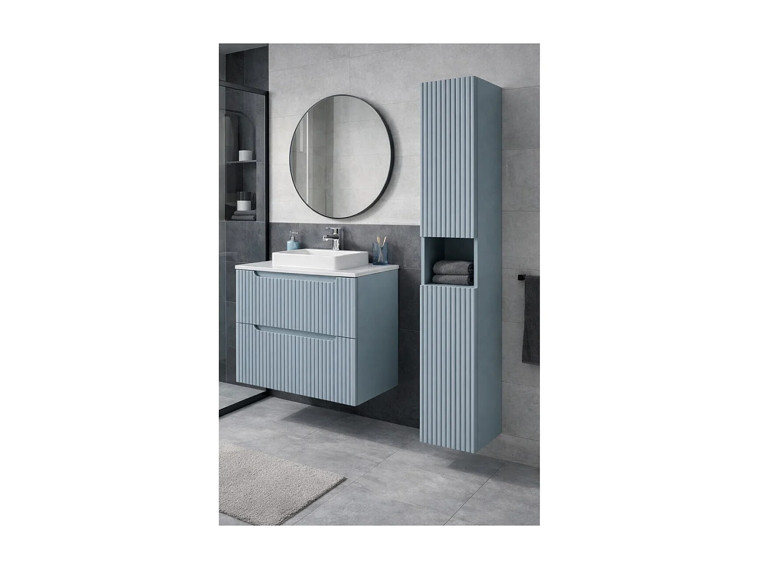 Colonne de salle de bain VANO 140 cm bleu denim 2 portes suspendue