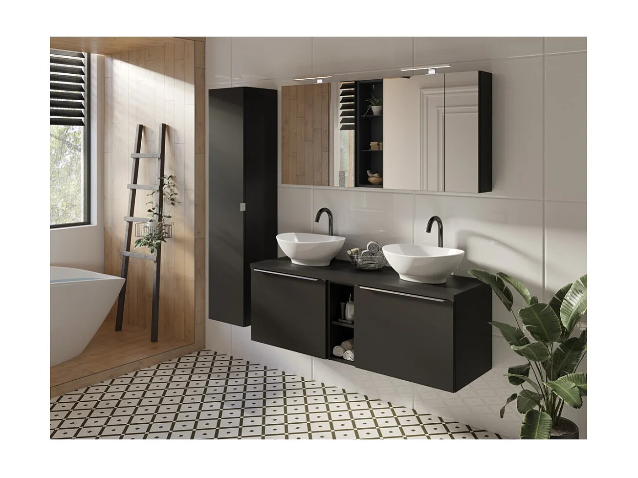 Meuble de rangement VANTA 60 cm noir – Caisson suspendu avec portes battantes et miroirs