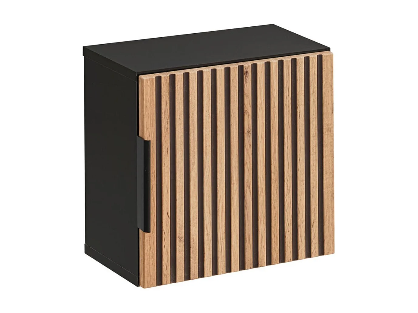 Caisson de rangement mural KINOKO – 1 porte – Finition lattes bois naturel et noir – L35 × P22 × H35 cm – À suspendre