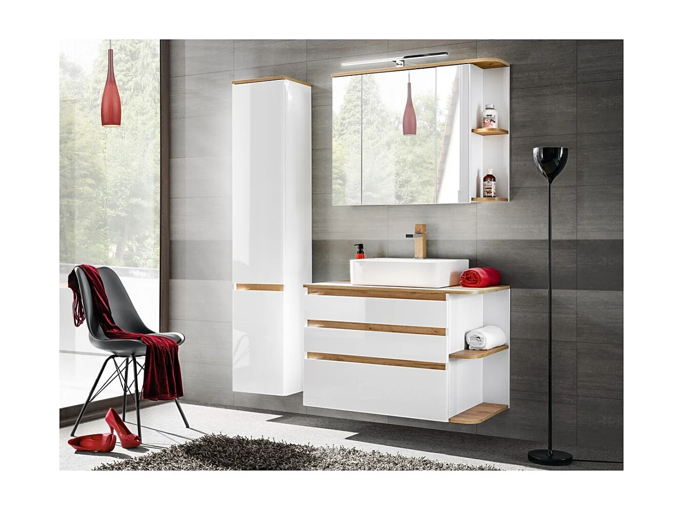 Meuble de rangement salle de bain ASKA blanc et bois – Modèle suspendu avec portes