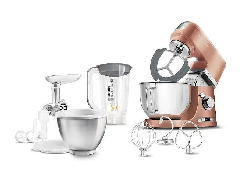 Robot de repostería Sencor STM 7876GD 1000W, bol de acero inoxidable 4,5L, 8 velocidades, pantalla LED, accesorios multifuncionales dorados