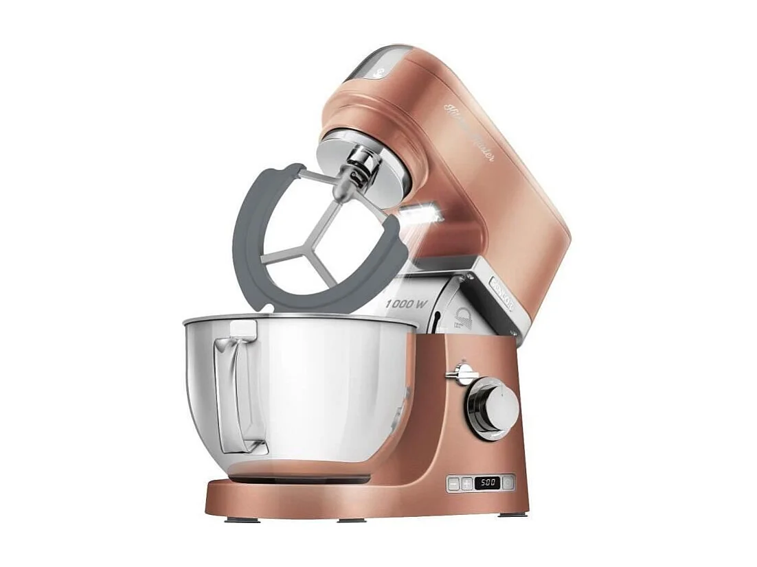 Robot de repostería Sencor STM 7876GD 1000W, bol de acero inoxidable 4,5L, 8 velocidades, pantalla LED, accesorios multifuncionales dorados